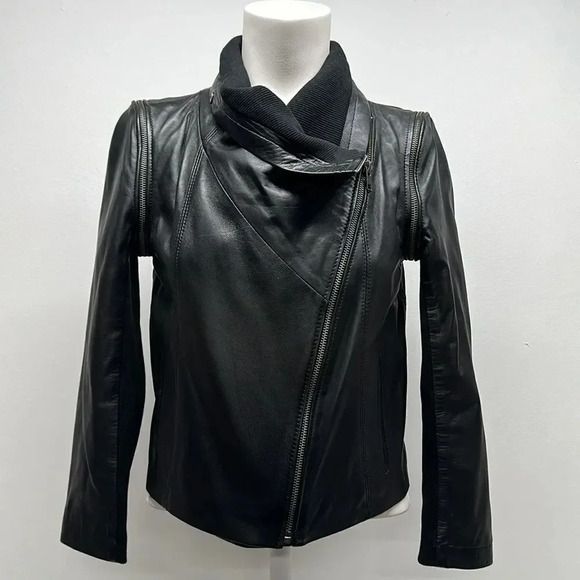 Yigal x Aqua 100% Leather Moto Jacket Coat Convertible Funnel Neck Zip Black XS - Picture 5 of 12